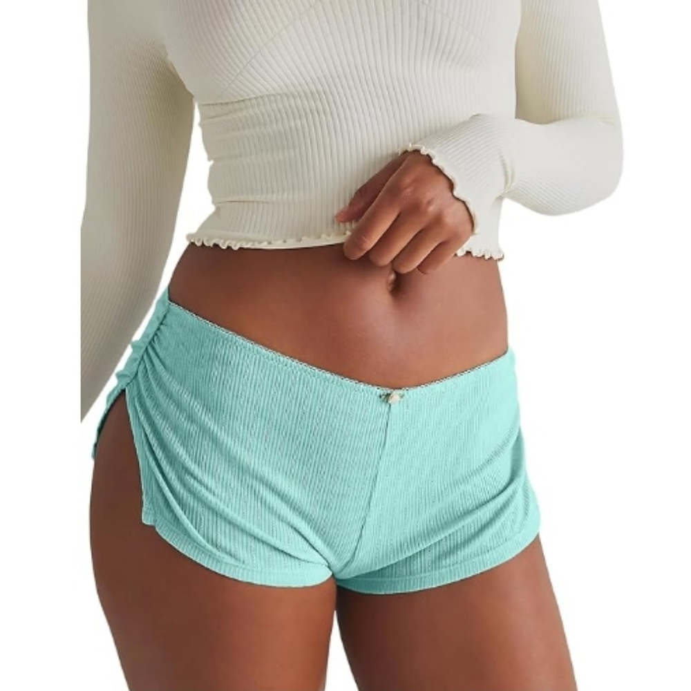 Cute Micro Pajamas Shorts Low Rise Side Slit Ruched Shorts Green